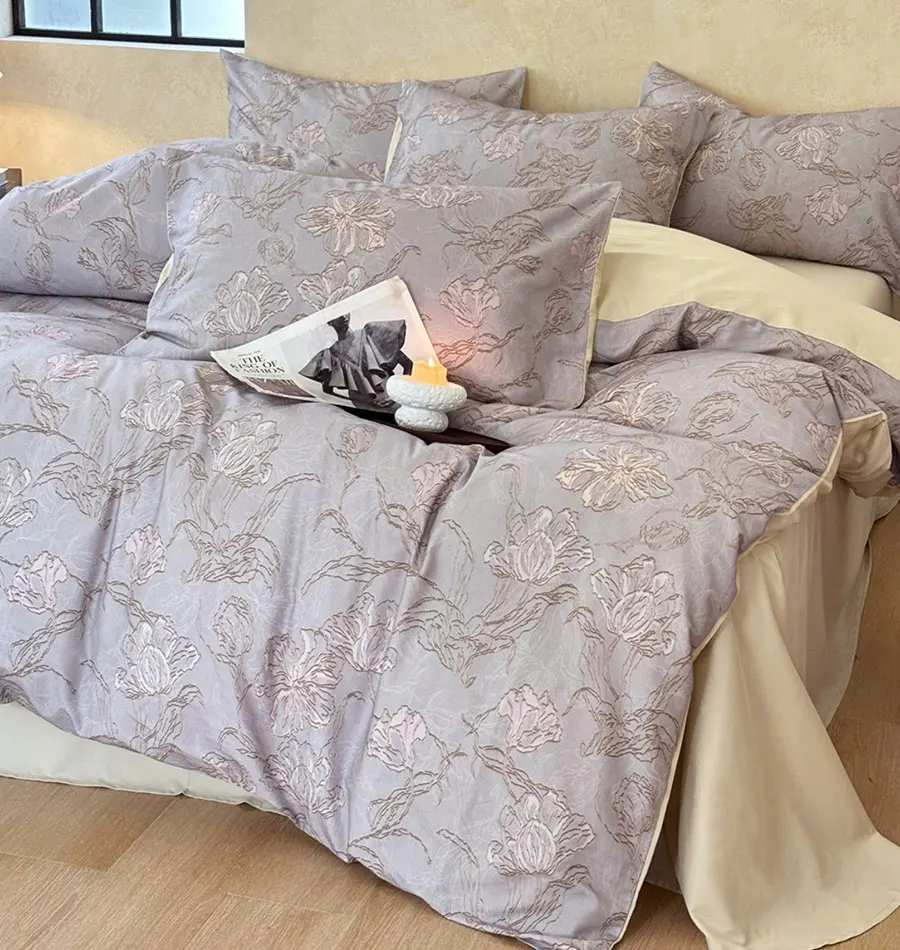 

Elegant flower bedding set,full queen king brown blue grey floral sanding cotton home textile flat sheet pillow case quilt cover