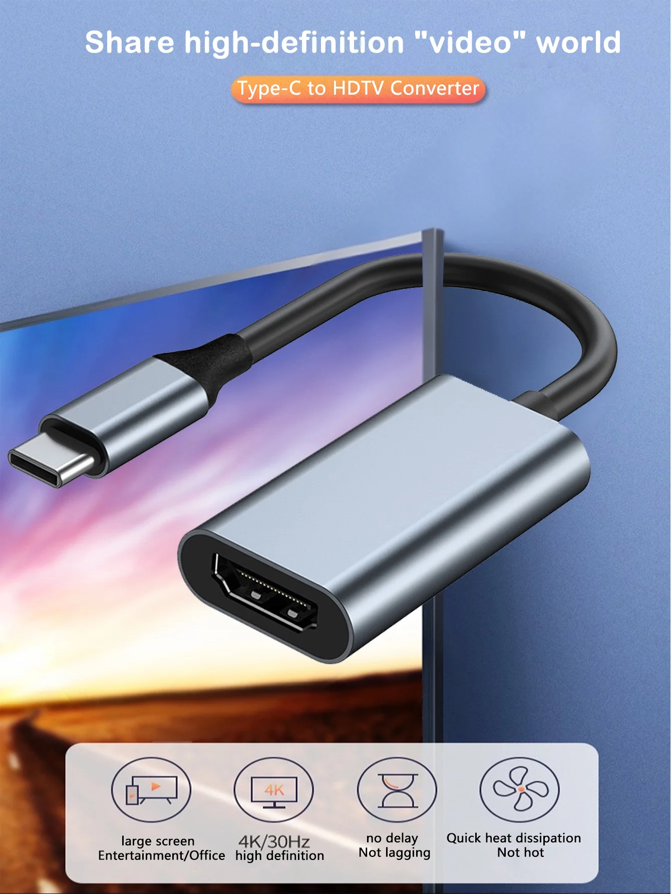 كابل محول 4K عالي الوضوح من النوع C إلى HDTV، كابل تحويل عرض الهاتف المحمول إلى الكمبيوتر