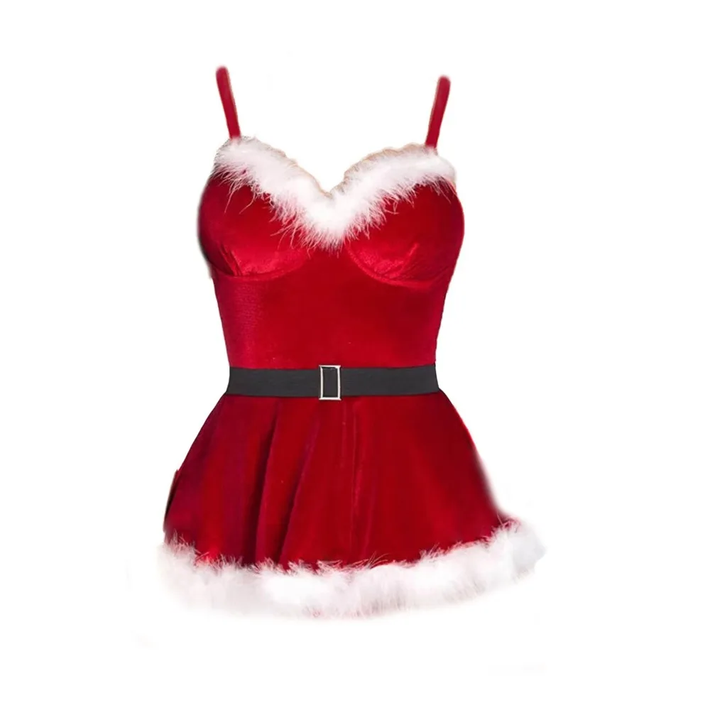 

Velvet Bowknot Christmas Dress Transparent New Year Pajamas Dress Suit Hollow Sweet Camisole Nightwear Girl