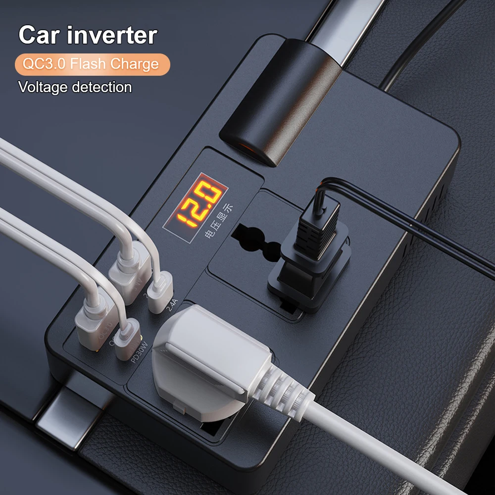 200W DC 12V/24V to AC 220V Converter ON/OFF Switch Car Inverter Voltage Detection Power Adapter Universal USB/PD/Type-C Chargers