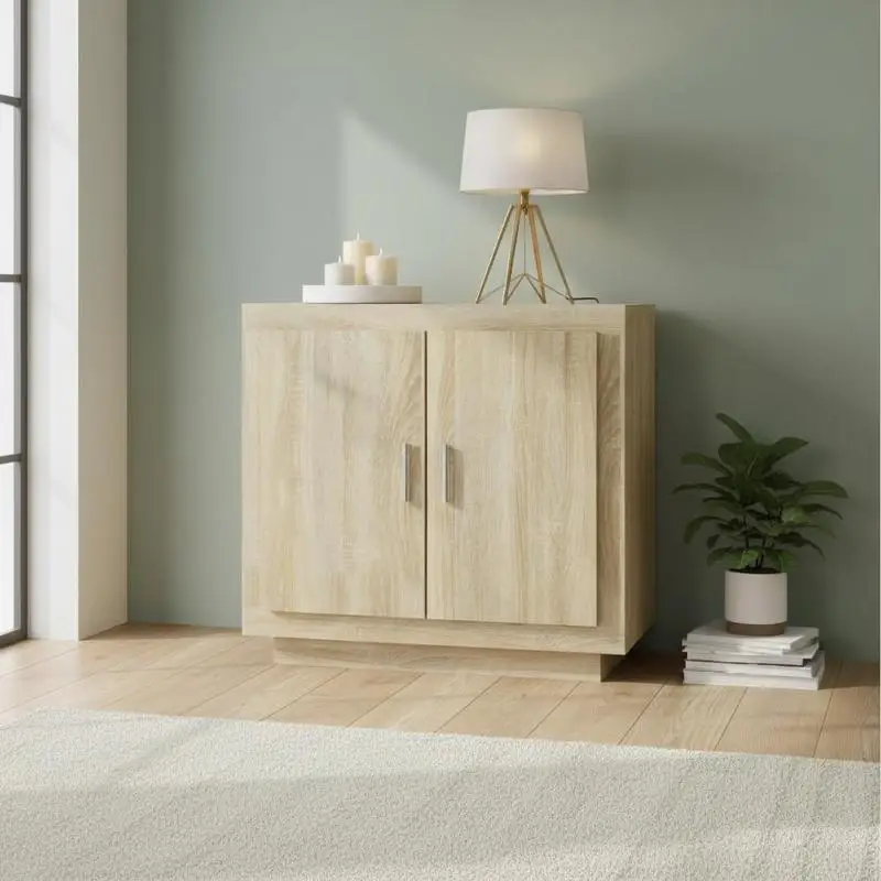 Buffet en chêne Sonoma 80×40×75 cm en contreplaqué résistant à l'humidité et facile à nettoyer. Comprend 2 grands compartiments fermés pour ranger livres et objets, avec une surface décorative supérieure, comprend un kit anti-basculement pour fixation murale, re
