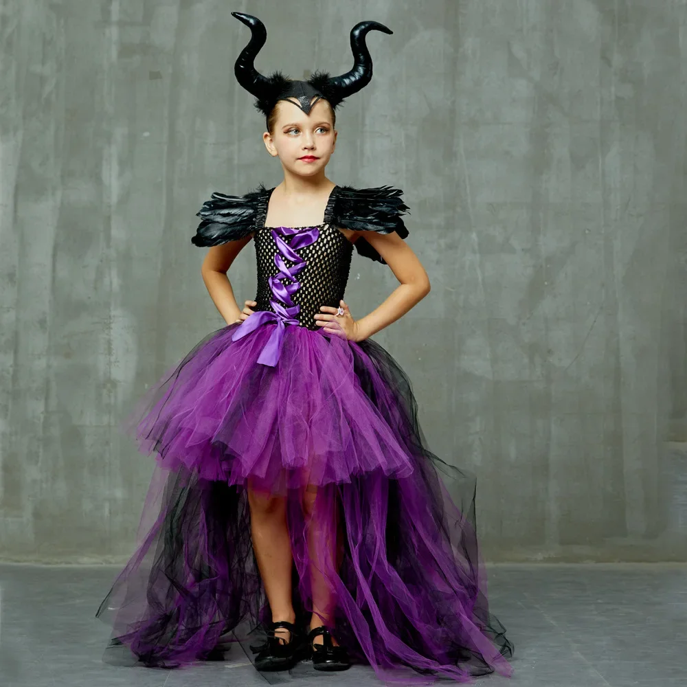 Kinder-Federkleid mit Schulterverzierungen, Gothisches Kleid für Mädchen, Lila-Schwarzes Netz-Tüllkleid für Halloween-Verkleidungspartys – Detail 11