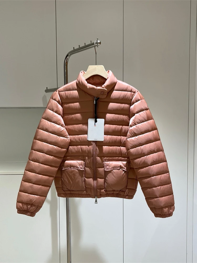 Chaqueta de plumón ligera para mujer, plumón de ganso blanco, cuello levantado, abrigo para ir al trabajo, corte recto, cremallera larga