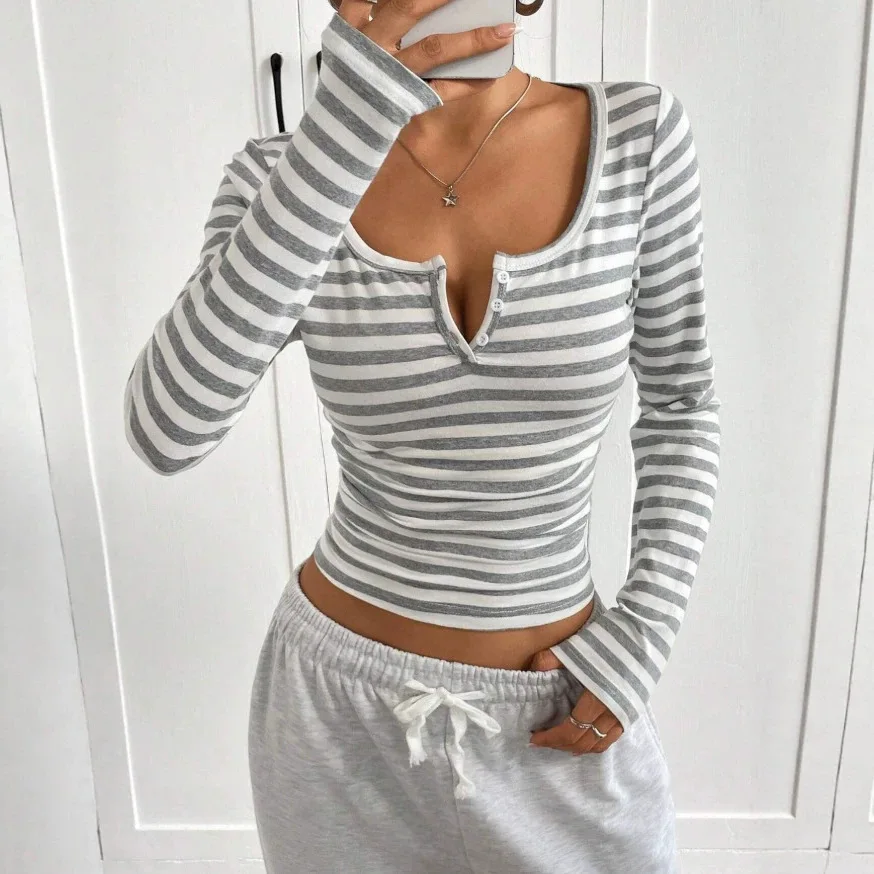 Women Spring Autumn Stripes Buttoned Long-sleeved T-shirt V-neck Slim-fit Versatile Base Shirts Pullover Top