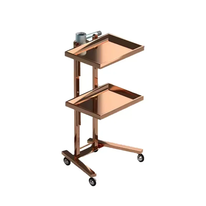 Portable gold folding trolley beauty salon stainless steel 2 tray 4 universal wheels rolling