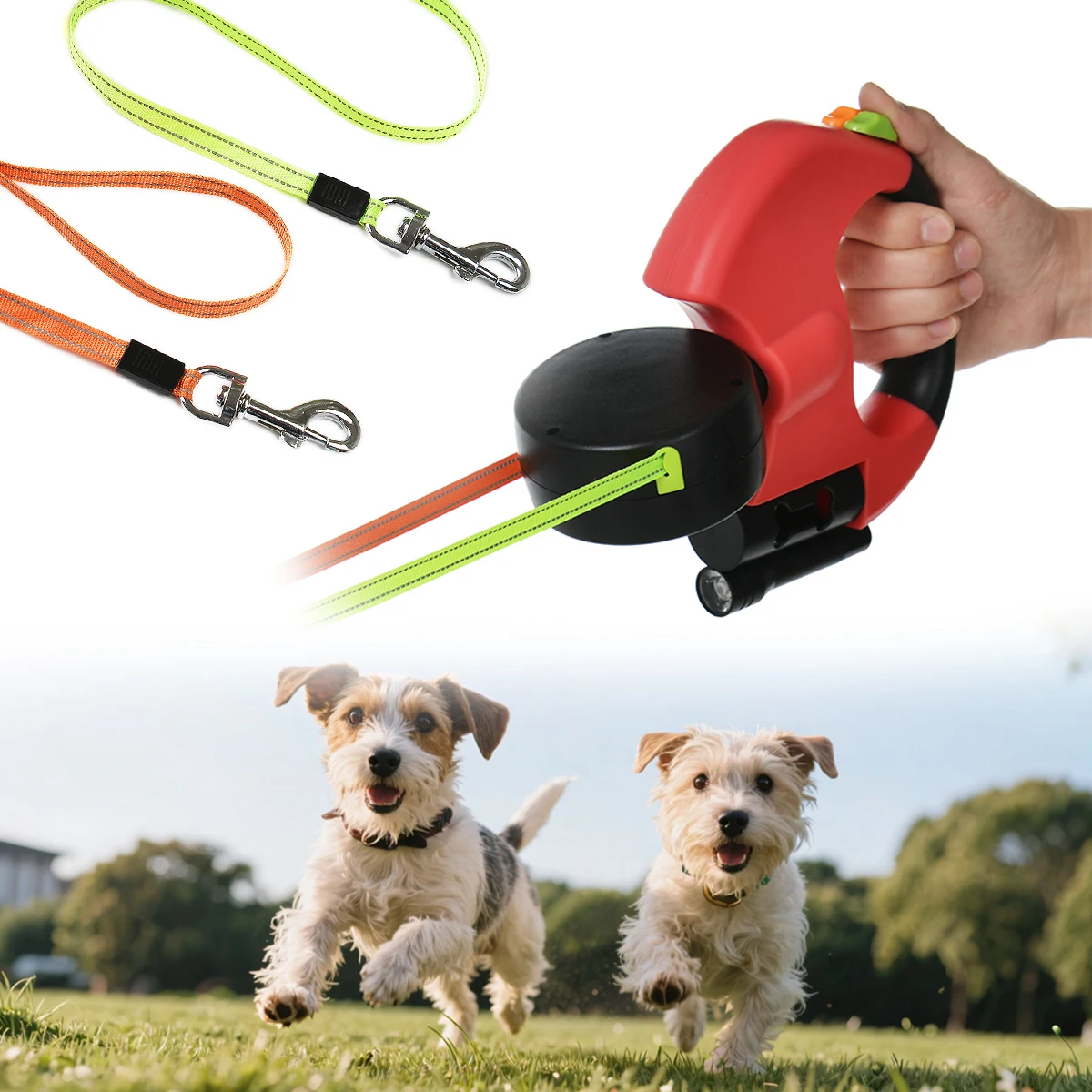 Coleira Dupla Retrátil para Cães de 3m com Rotação 360 Graus, Corda de Tração Dupla em Nylon com Lanterna e Caixa para Sacos de Cocô