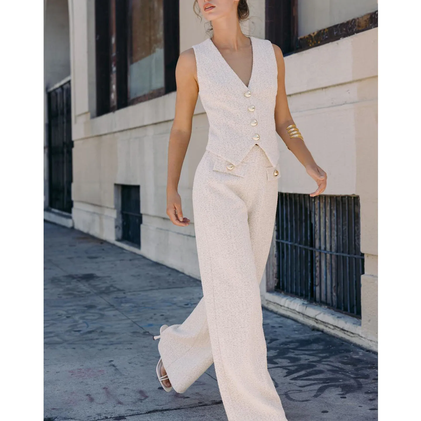 V-Ne Svel Slim Fit Texture Vest 503925 Wide Leg mid Waist Simple Casual Pants 503926 Faion Set Women's Ensemble