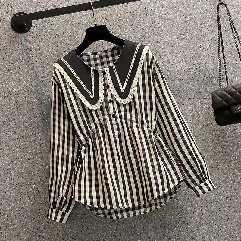 2023 Sweet Peter Pan Collar Plaid Blouse Spring Autumn Long Sleeve Female Clothing Spliced Commute Stylish Button Shirring Shirt