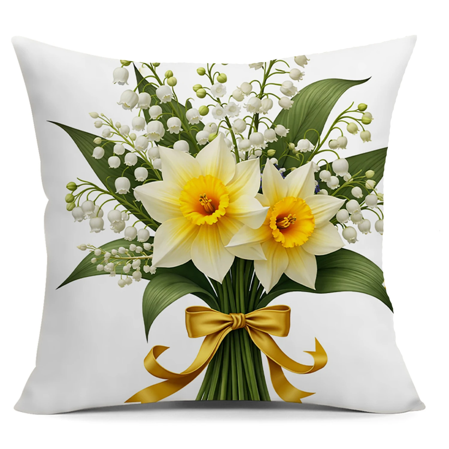 1pc 2D Flat (Pillow Not Included) Elegant Lily Of The Valley Daffodil Bouquet Cushion Cover Short Plush Spring Floral DecorThrow