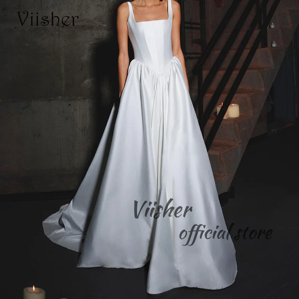 

Viisher White Satin Wedding Dresses Spaghetti Straps Square Neck Draped Long Bride Dress with Pockets A Line Bridal Gowns