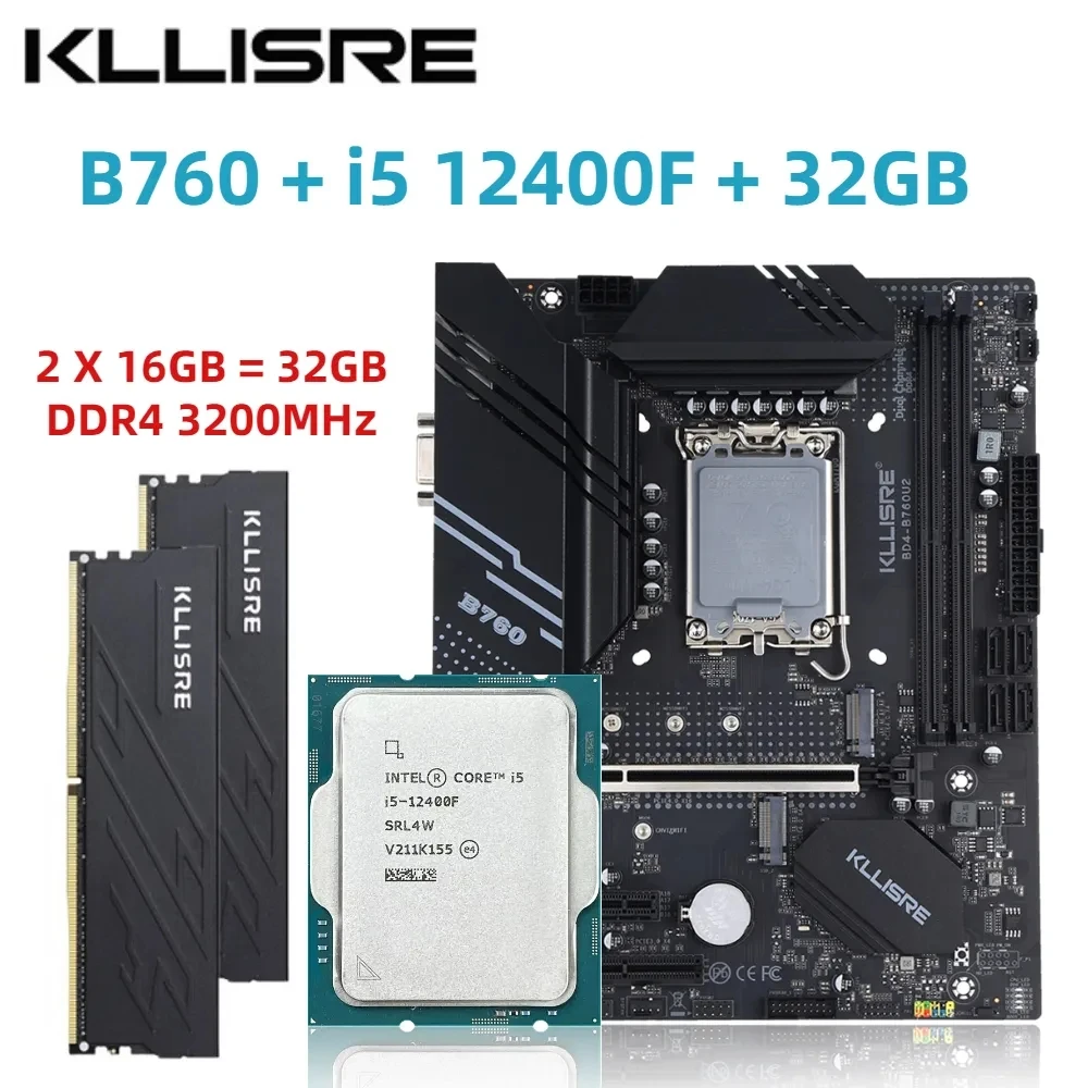 Kllisre B760 키트, 코어 I5 12400F, 2x16GB = 32GB 메모리, DDR4 3200 데스크탑 RAM, LGA 1700 마더보드 세트 