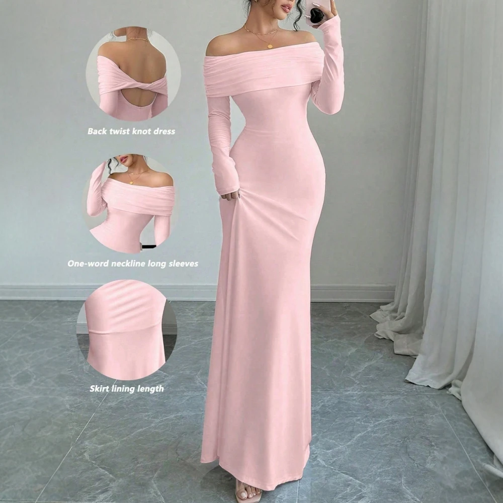 Robe de soirée élégante pour femmes, basique, manches longues, épaules dénudées, dos découpé, coupe cintrée, été