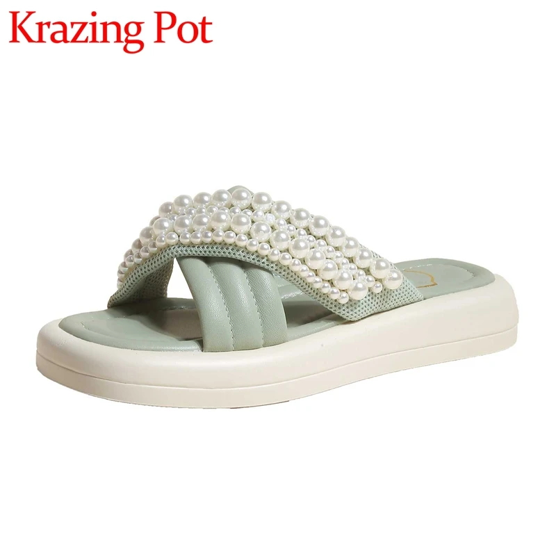 

Krazing Pot Soft Sheep Leather Thick Bottom Outside Slides Pearl Decoration Beauty Lady Daily Wear Elegant Women Slippers L81