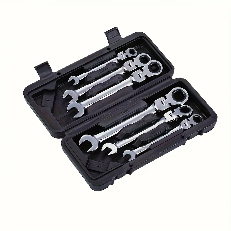 

6 piece ratchet wrench set, 8-17 mm carbon steel, chromium vanadium steel, 72 teeth, adjustable, industrial hand tools, plastic
