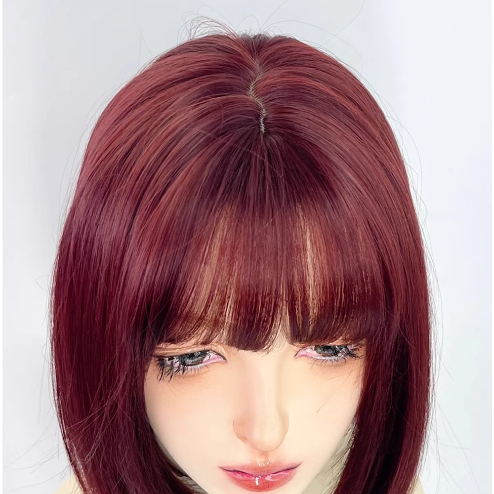 Synthetic Red Short Straight Women Bob Wigs with Bangs Lolita Cosplay Nature Fluffy Hair Wig for Daily Party