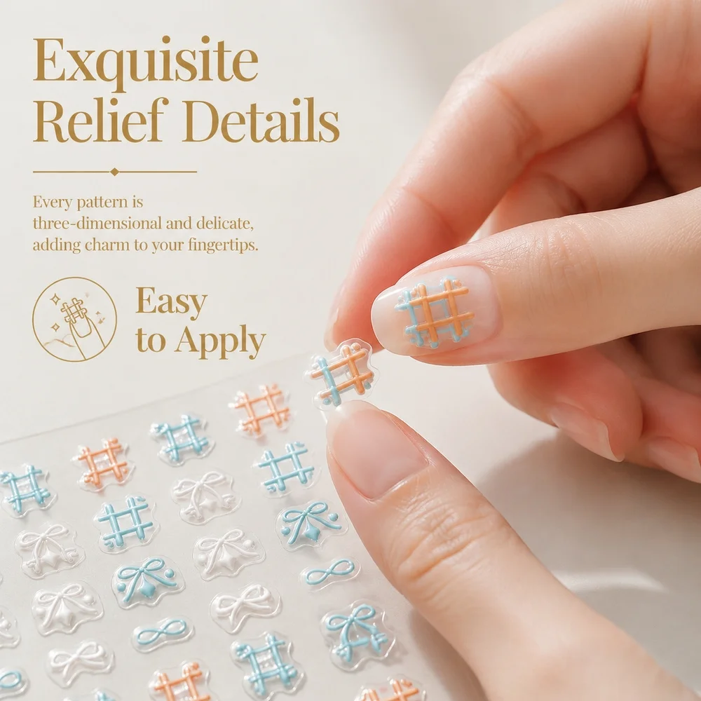 1Pc Thin Light 5D Plaid Bow Nail Decals Embossed Lattice Ribbon Bow Self-Stick Clear Base Nail Art Decorative Sticker