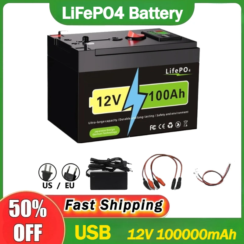 

12V 100Ah LiFePO4 Rechargeable Lithium Battery,Built-in BMS,Perfect for Ride on Toys,solar Panels,Fish Finders,Power Wheels
