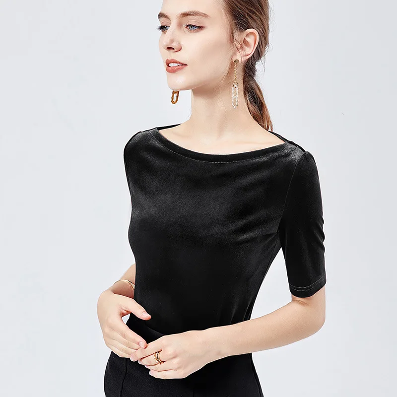 

Summer and Autumn women Korean style slash neck half sleeve velour t-shirt,plus size office lady velvet shirt