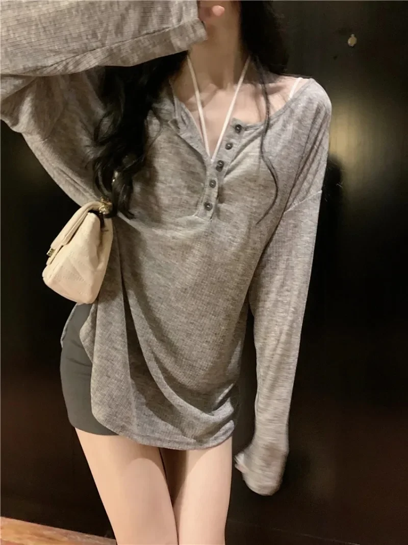 Korean Long SleevedThin T-shirt Women 2024 Summer New Fashion Sun Protection V-neck Long Sleeve Cover Up Loose Top