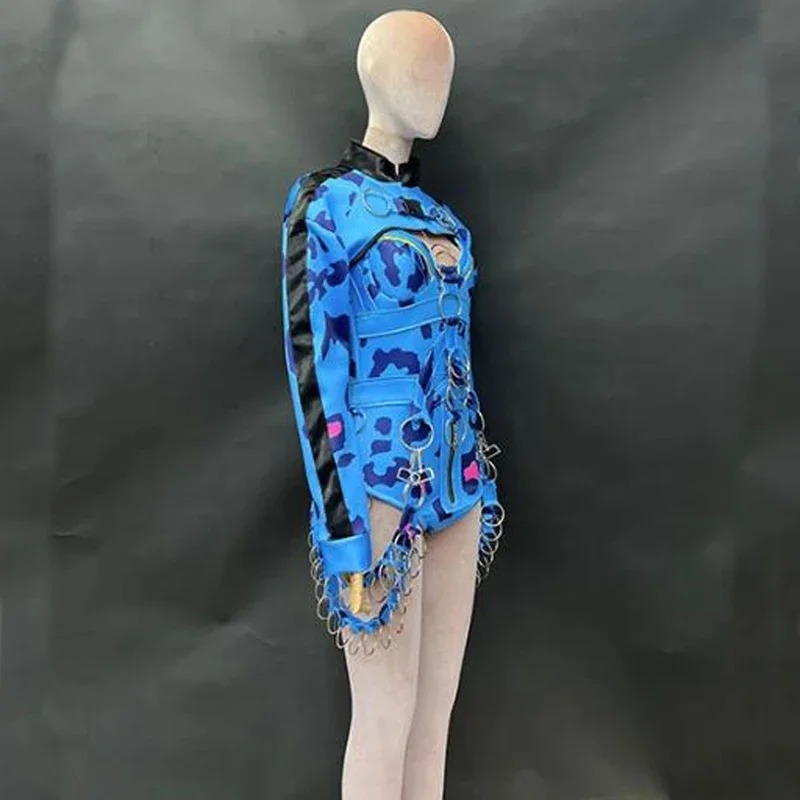 Sexy Paaldans Kostuum Blauwe Luipaardketting Bodysuit Vrouwen Party Gogo Dj Ds Podium Rave Outfit