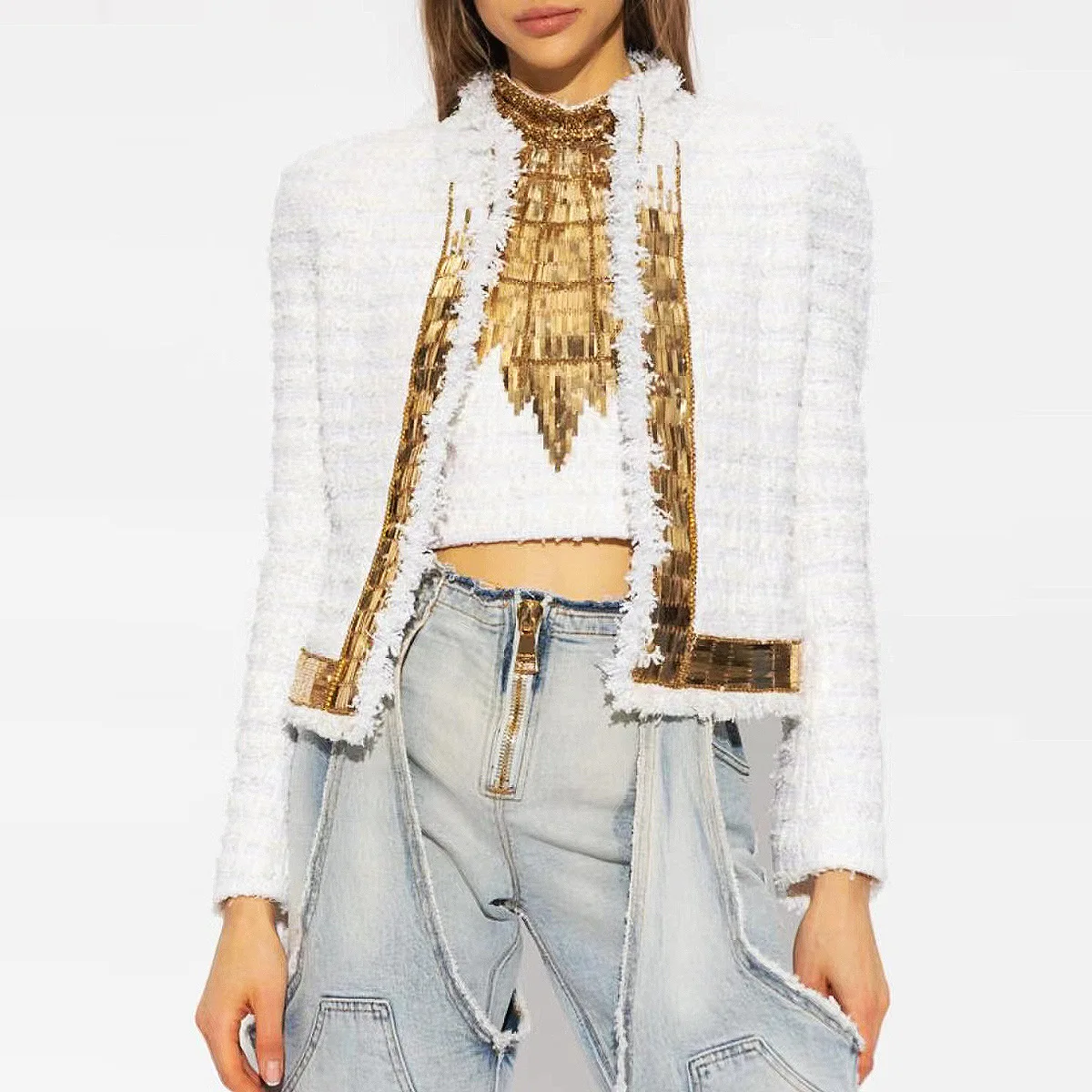 Nail Beads Elegant Women's Tweed Jackets Lion Head Gold Button White Blazers Straight Sequins Half-high Collar Outerwears Autumn