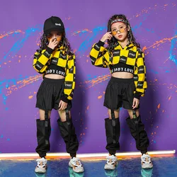 Hip Hop Girls Clothing Yellow Checkerboard Tops Hip Hop Hollow out Pants For Kids Performance Jazz Modern Dancing Costume