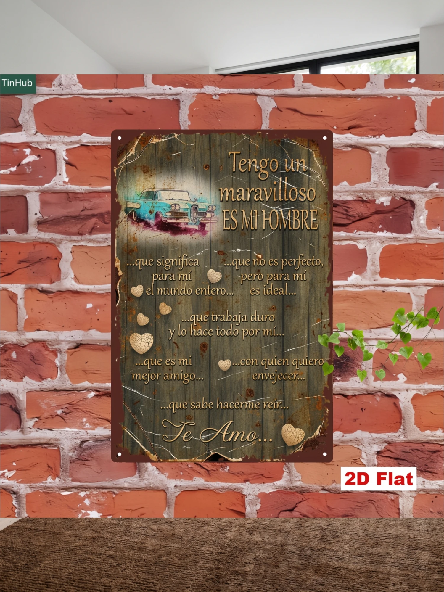 2D Flat, 2D Flat 1pc Vintage Car Quote Metal Sign, 7.87x11.81inch Iron Art Decorative Painting, Spanish "My Perfect for Man" Romantic Declaration, Classic Car Elements, Suitable for Home, Bedroom, Valentine's Day Gift, Creative Wall Decor