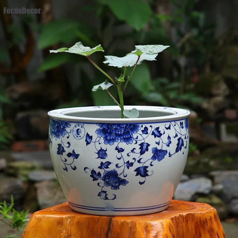 12 Inch Ceramic Planter Asian Blue and White Flowers Plant Pot Outdoor Large Vintage Oriental Pottery Planter Porcelain Big Bowl