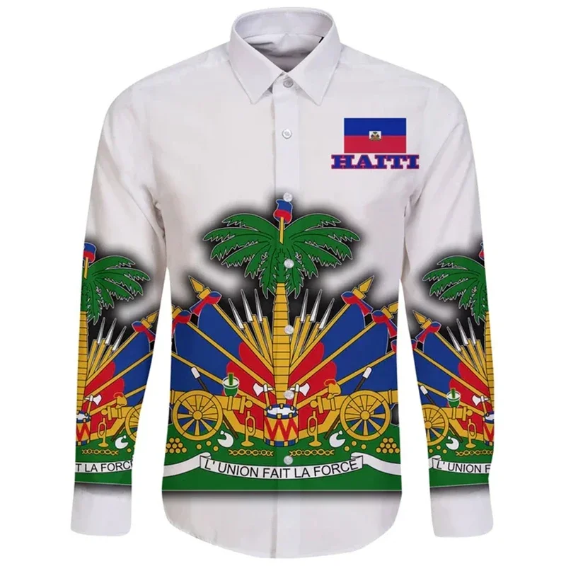 

Men's Shirt Haiti Flag Caribbean Sea Haiti Retro Vintage Tattoo 3D Printed Streetwear Harajuku Casual Men Shirts Long Sleeve Top