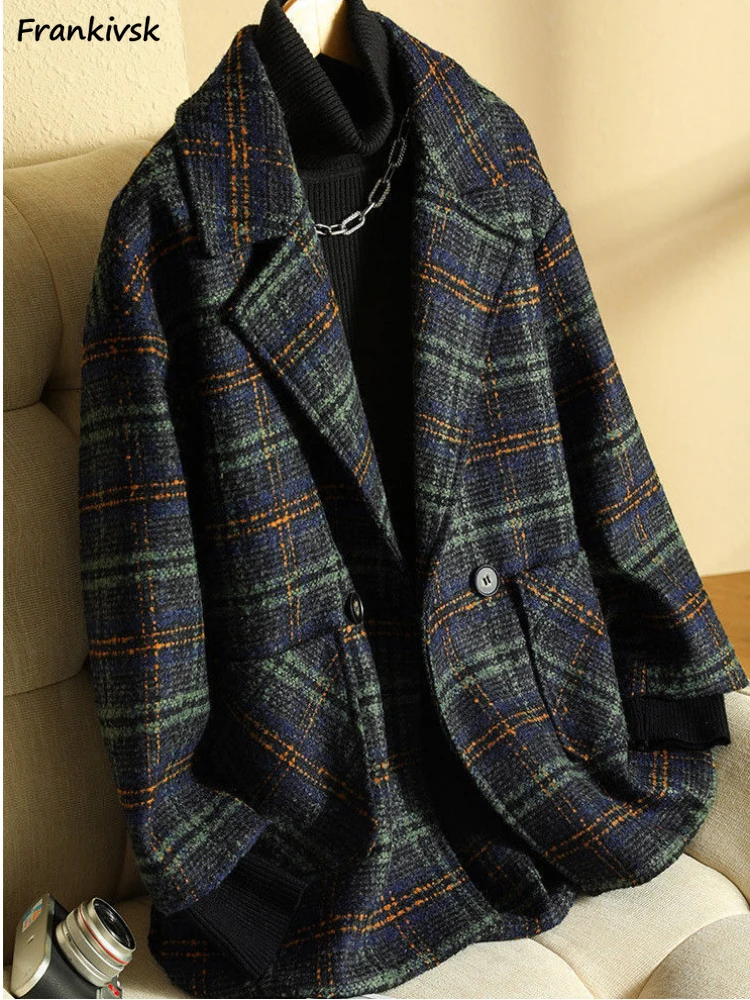 

Blends Women Retro Plaid Winter Elegant Trendy Korean Button Pocket Streetwear Leisure All-match Office Lady Gentle Panelled