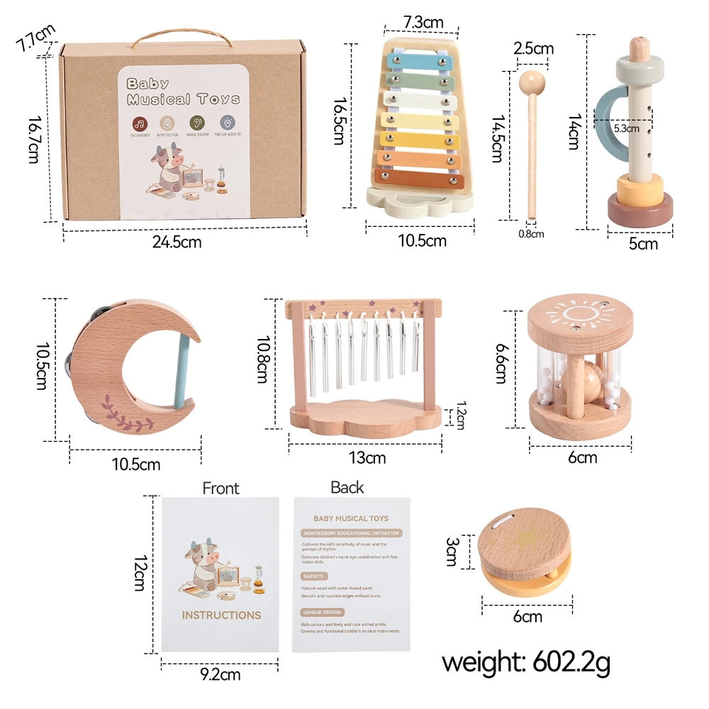 7pc Sets Music Toys for Children Music Instruments Girl Toys Wooden Cartoon Educational Instruments Children's Toys Instruments