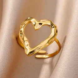 Vintage Irregular Texture Hollow Heart Rings For Women 2024 Gold Color Open Adjustable Stainless Steel Ring Fashion Jewelry