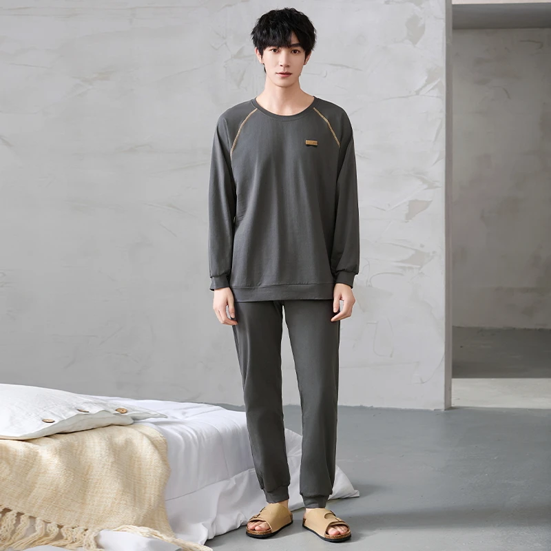 Spring and Autumn Men Pajamas Set 100% Cotton Solid Sleepwear Male Long Sleeve Casual Pyjamas