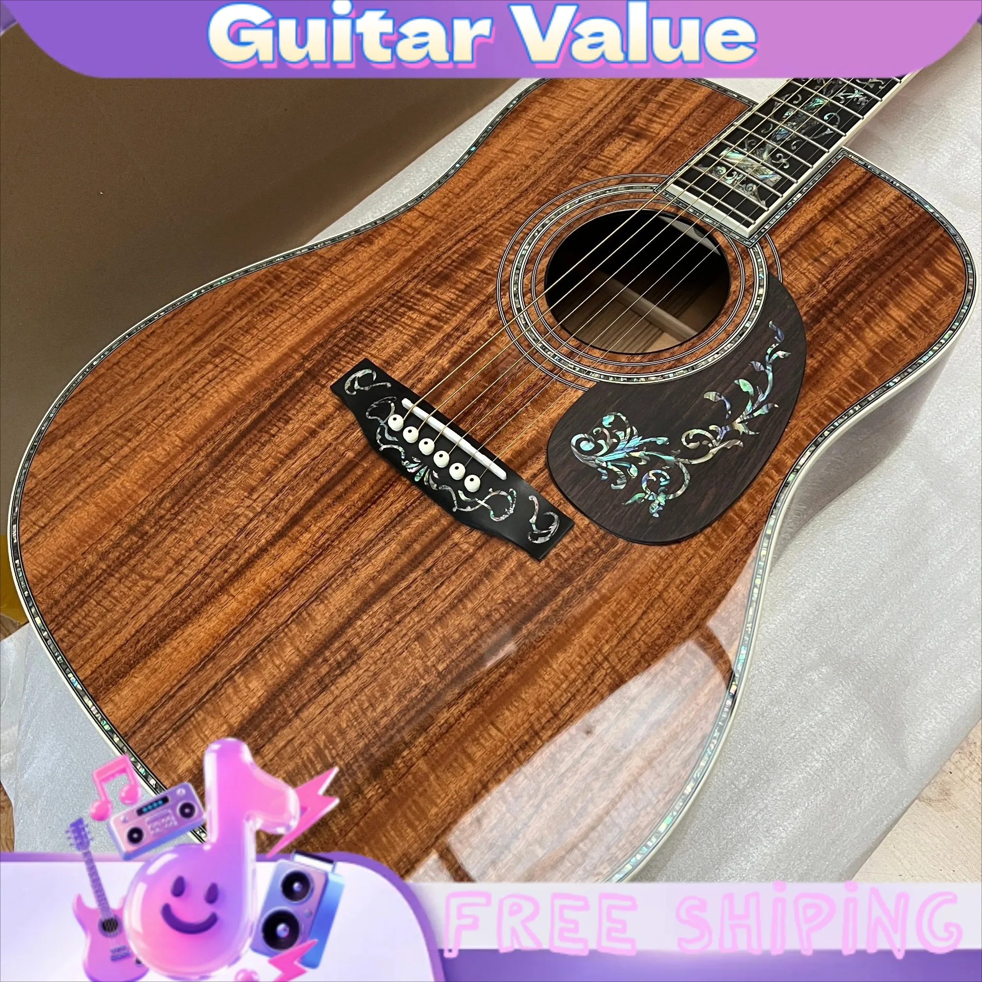 41 Inch D45 KOA  Luxury Abalone Body Inlay Acoustic Guitar Koa Back Sides Ebony Grand Floral Vase Motif with Round