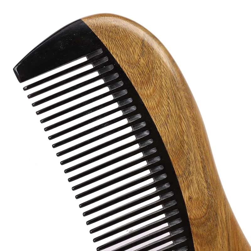 4X Natural Green Sandalwood Hair Comb - No Static Wooden Fine Tooth Black Buffalo Horn Comb (Green Sandalwood)