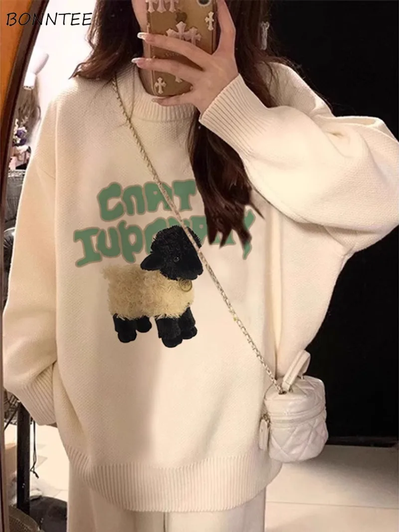 

Pullovers Women O-neck Korean Fashion Sweet Lovely Girls Ins All-match Cartoon Gentle Stylish Soft Knitted Daily Sweaters Chic