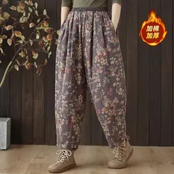 Retro Floral Loose Cotton Pants For Women Spring autumn Loose Oversized Wide Leg Trousers Artistic Casual Clothing k2785