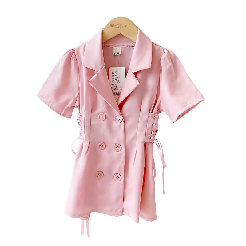 2024Summer Girls Tailored Collar Dress New Children\'s Fashionable Double-Breasted Puff Sleeve Children Shirt Generation Hair-WSN