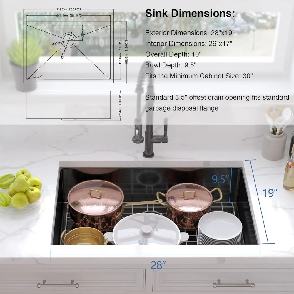 Pia de cozinha sob montagem preta mais escura de 28 polegadas - Pia de cozinha de tigela única com superfície nano, pia de cozinha de aço inoxidável de calibre 16