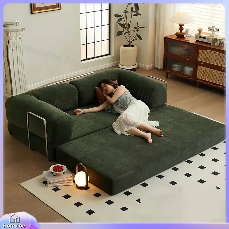 Retro Fabric Compression Sofa for Small Apartment Living Room Antique Foldable Double Three Person Dual Purpose Module Lazy