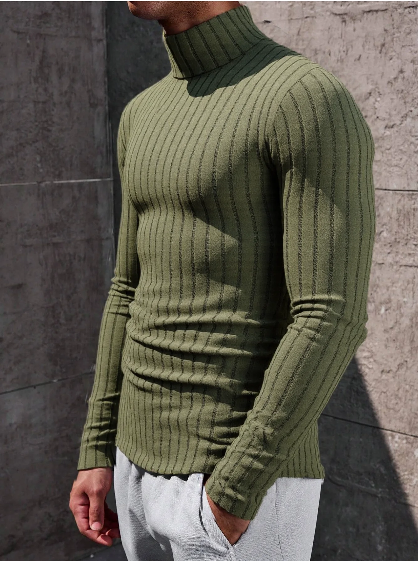 Herren Rollkragenpullover mit Langen Ärmeln, Vertikal Gestreift, Schlanke Passform, Gerippter Strickpullover, Lässiger Stretch-Unterzieher – Detail 7