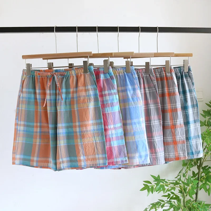 

Мужские спальные шорты большого размера в клетку, летние хлопковые короткие пляжные брюки, повседневные свободные шорты для домашней одежды