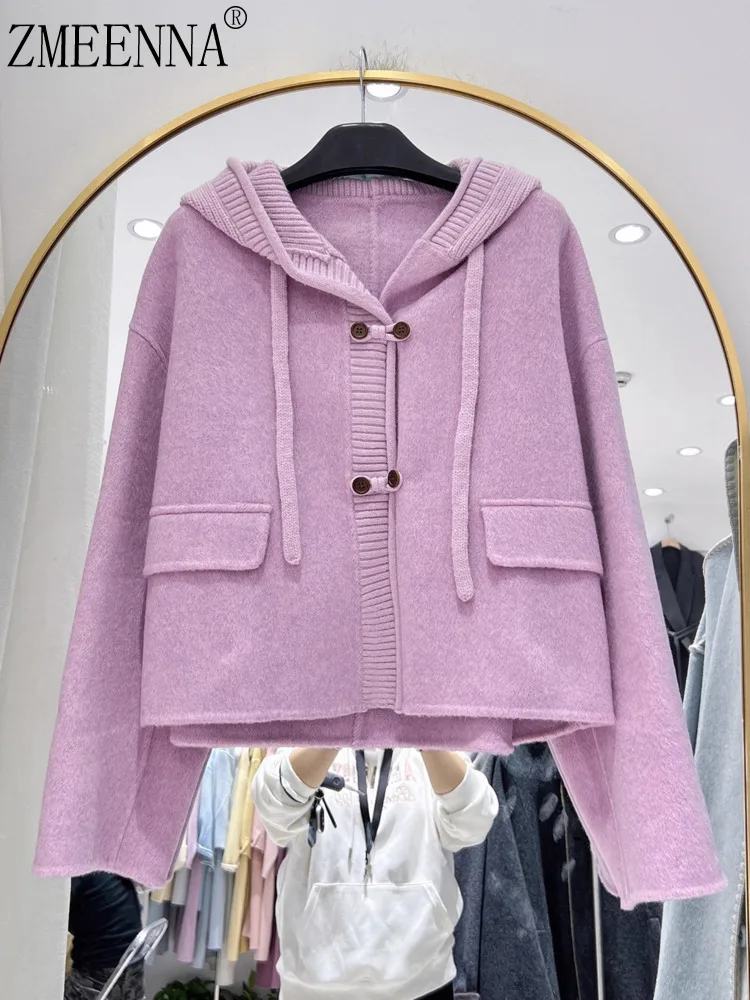 ZMEENNA Womens Short Wool Blend Cardigan Jacket Lilac Purple Hooded Knit Trim Casual Spring Autumn Outerwear ZM4663