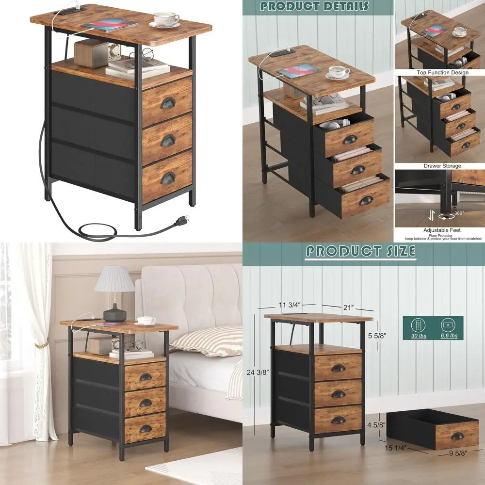 

Charging Station End Table, USB & Outlet Side Tables for Living Room, 3-Drawer Narrow Nightstands for Small Spaces, Slim Sofa Ta