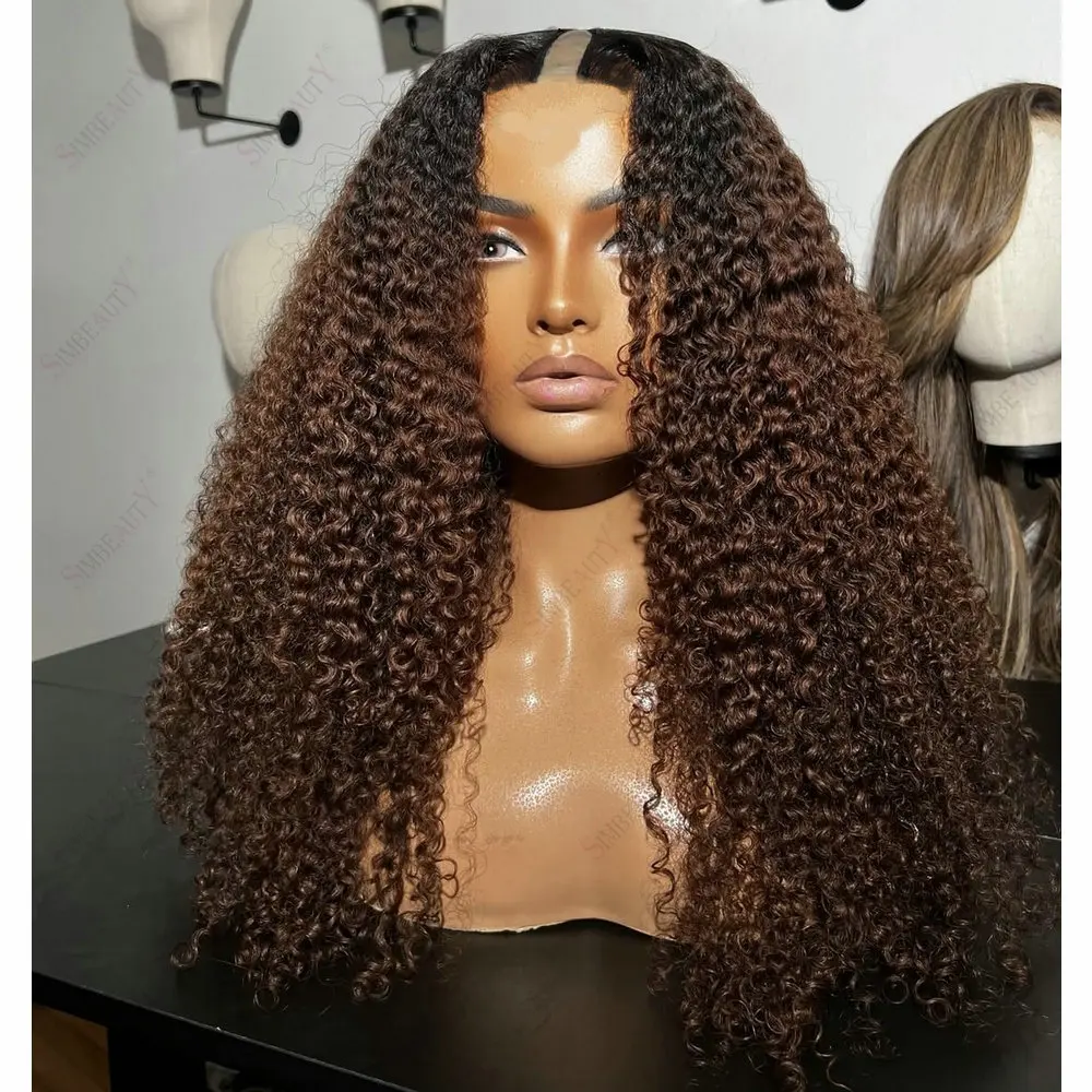 Dark Roots Balayage Chestnut brown 1x4 Size U Part Wig Human Hair for Women Kinky Curly V Part Wig Human Hair Glueless With Clip