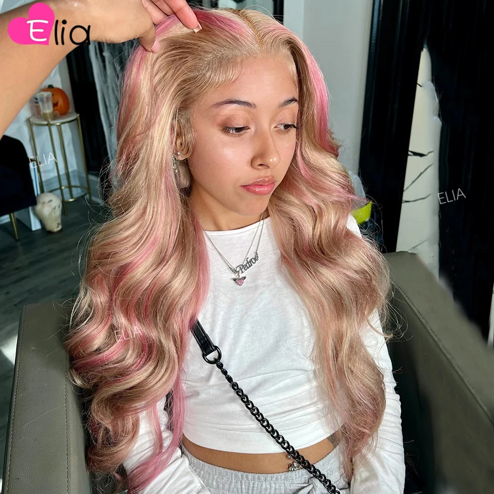 Pink Lighter Brown Highlight Lace Front Wig Stripe Pink Body Wave Lace Frontal Human Hair Wigs 5x5 Lace Closure Wigs Elia Hair