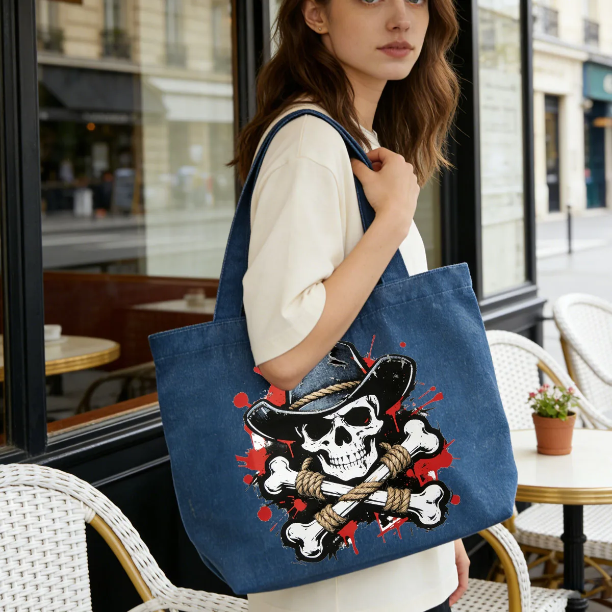 

1 шт. джинсовая сумка с рисунком черепа, уличная сумка на одно плечо, универсальная джинсовая сумка-тоут