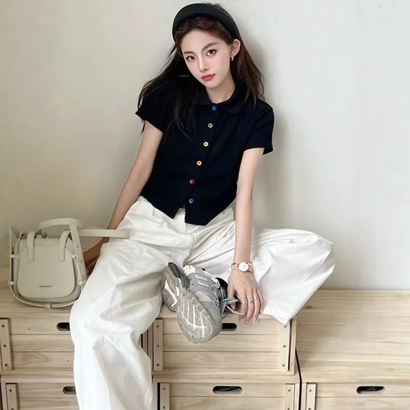 Women's Cropped Polo Shirt Color Button Slim Fit Knit Top Summer Short Sleeve Casual Y2K Basic Tee