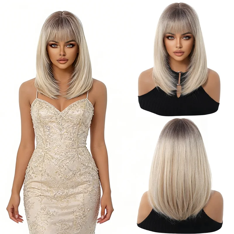 

Ombre Platinum Blonde Bob Wig Straight Short Wig with Air Bangs Dark Roots Heat Resistant Synthetic Wig For Women Daily Party