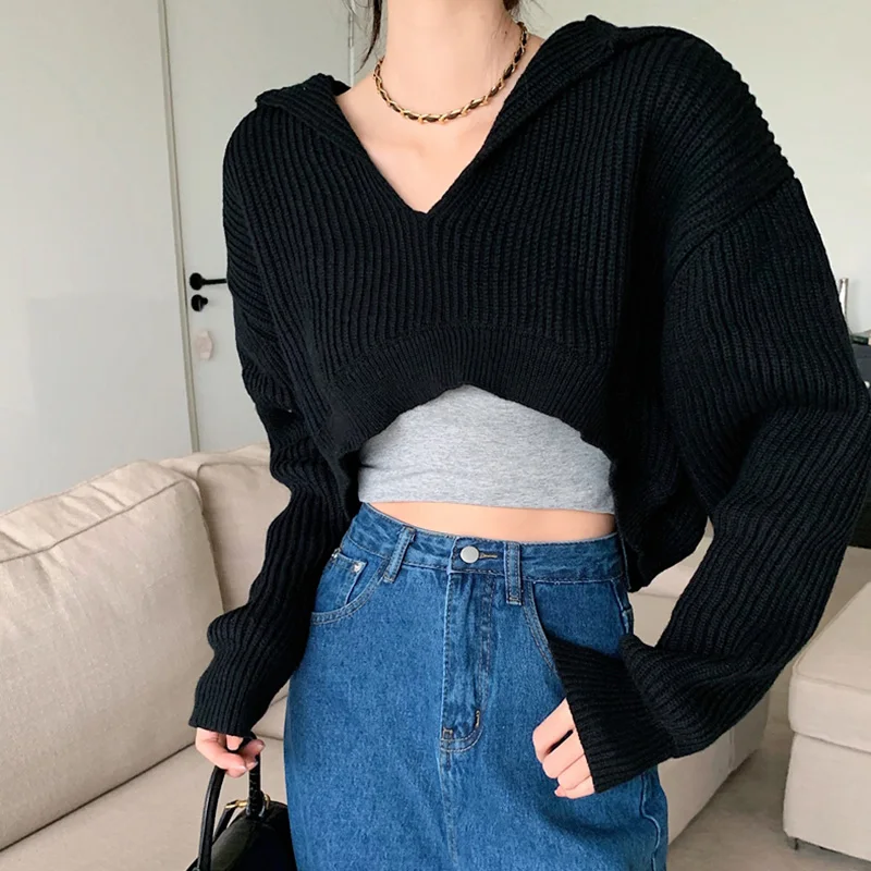 Women\'s Knitted Sweater Hooded Long Sleeve V Neck Pullovers Ladies Loose Crop Tops Autumn Winter Outfits